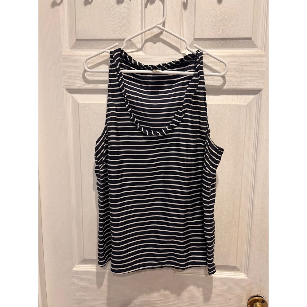 J.Crew Women 14 Navy Blue White Striped 100% Silk Scoop Neck Tank Top Sleeveless